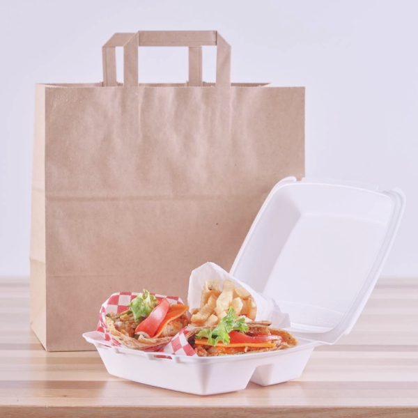 Punga hartie natur, delivery, take away, cu maner plat, 6 dimensiuni disponibile - 32x17x34.50cm - 250 bucati / set