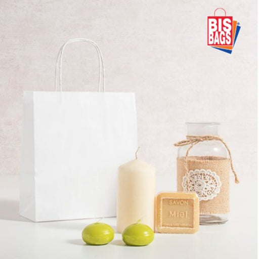 Punga hartie, alba, cu maner sfoara - 25x14x39cm - 100 buc.