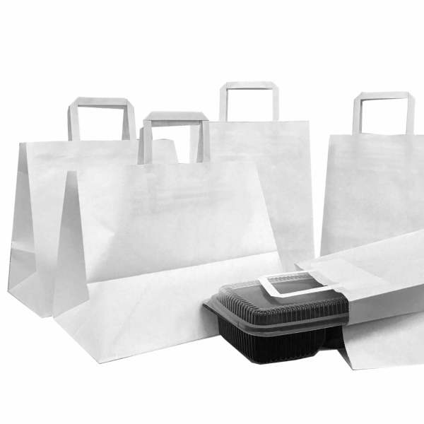 Punga hartie alba, delivery, cu maner plat, take away, 3 dimensiuni - 32x17x38cm - 250 buc.