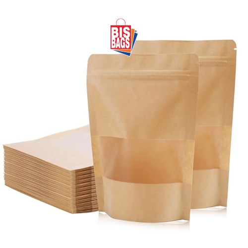 Pungi stand-up cu fereastra si fermoar NATUR - 16x27cm - 100 buc.